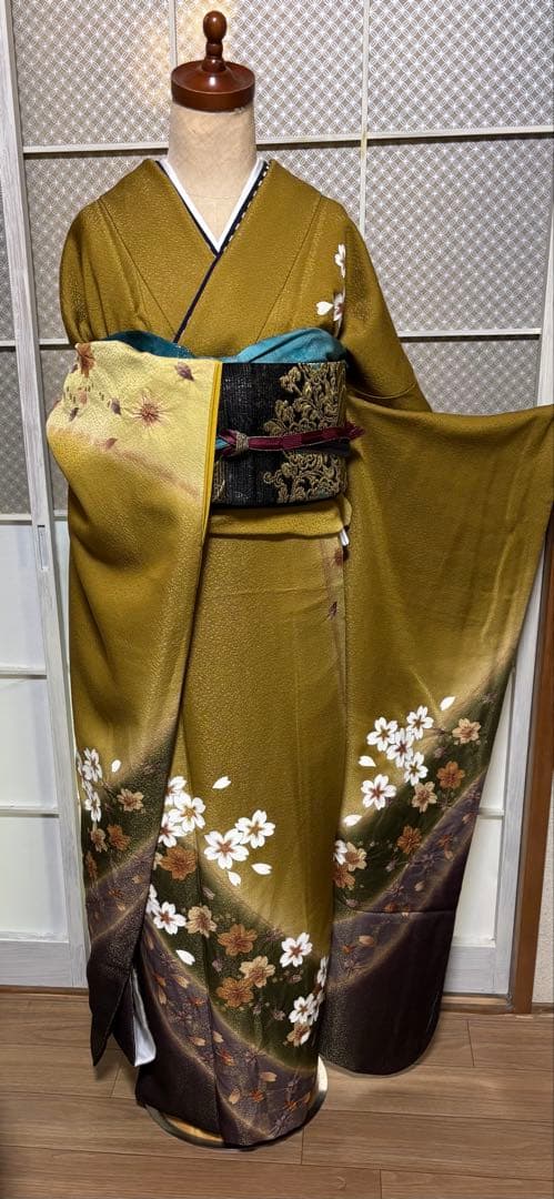 金茶×紫×深緑の美しい色合わせ／部分絞り入り／トールサイズ振袖 セット