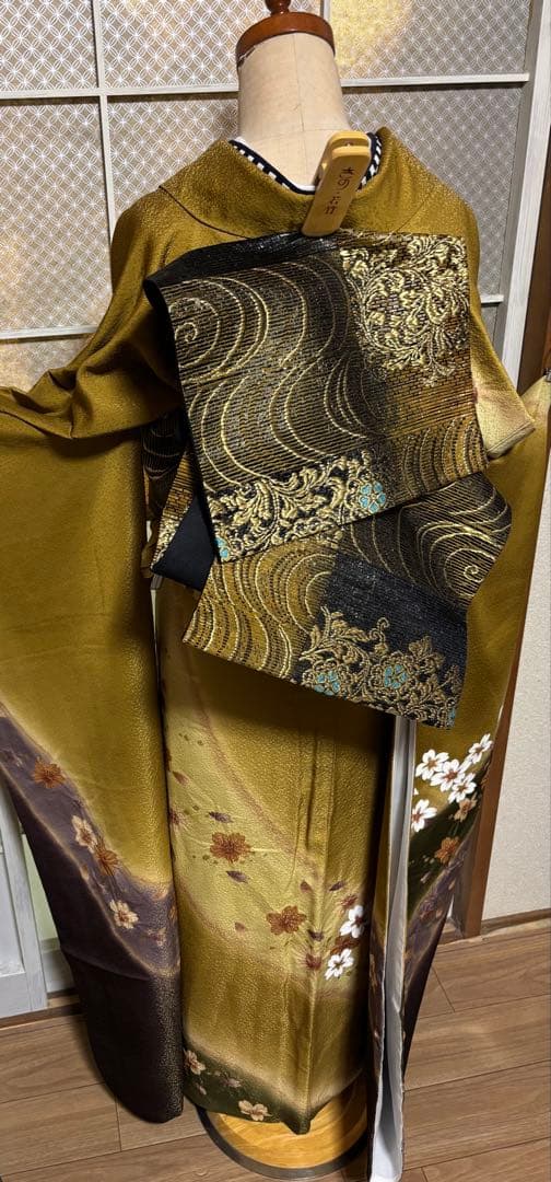 金茶×紫×深緑の美しい色合わせ／部分絞り入り／トールサイズ振袖 セット
