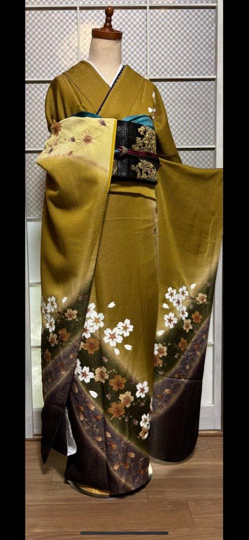 金茶×紫×深緑の美しい色合わせ／部分絞り入り／トールサイズ振袖 セット