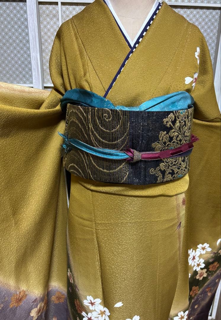 金茶×紫×深緑の美しい色合わせ／部分絞り入り／トールサイズ振袖 セット
