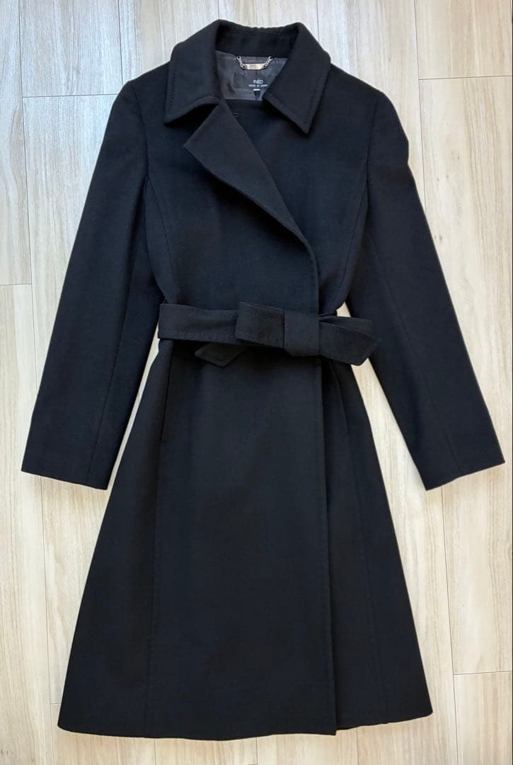 美品11号 イネドINED カシミヤ100%ラップ風チェスターコート黒フォーマル
