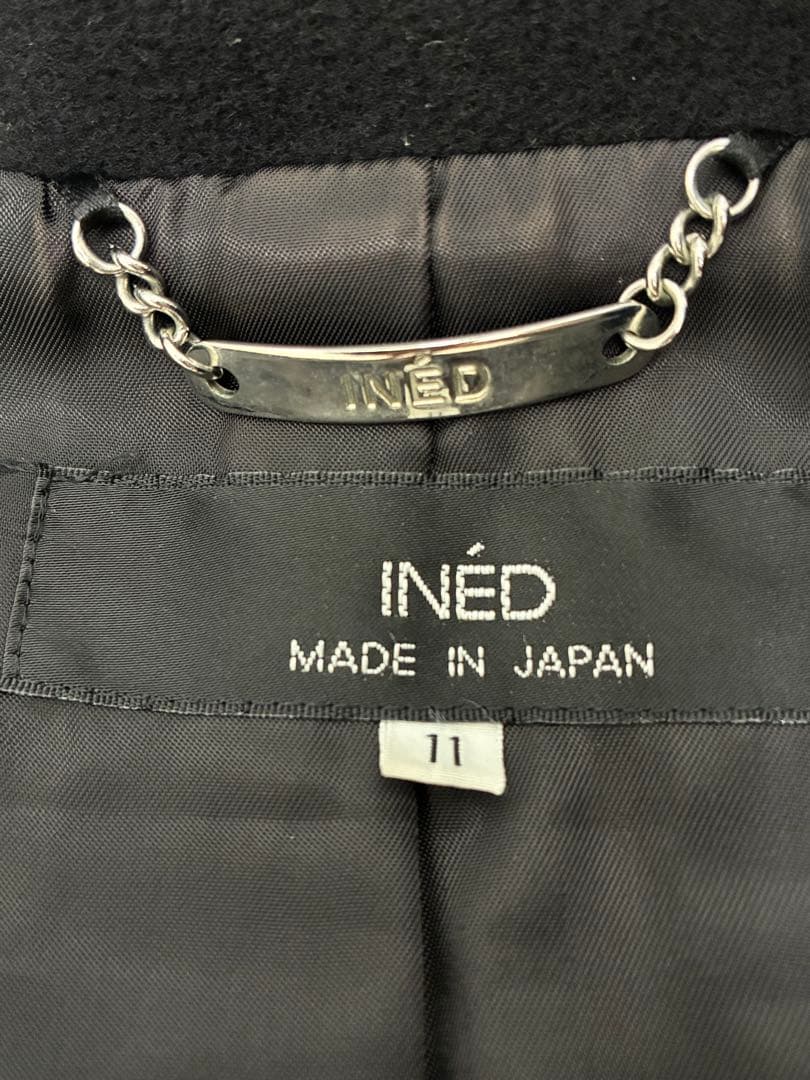 美品11号 イネドINED カシミヤ100%ラップ風チェスターコート黒フォーマル