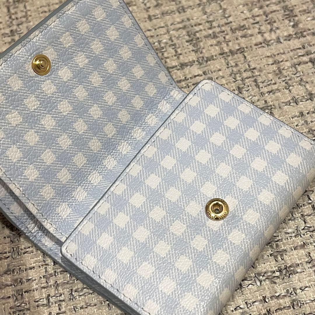 美品　ミュウミュウ　三つ折り　財布　ギンガムチェック　レザー　金具　ロゴ