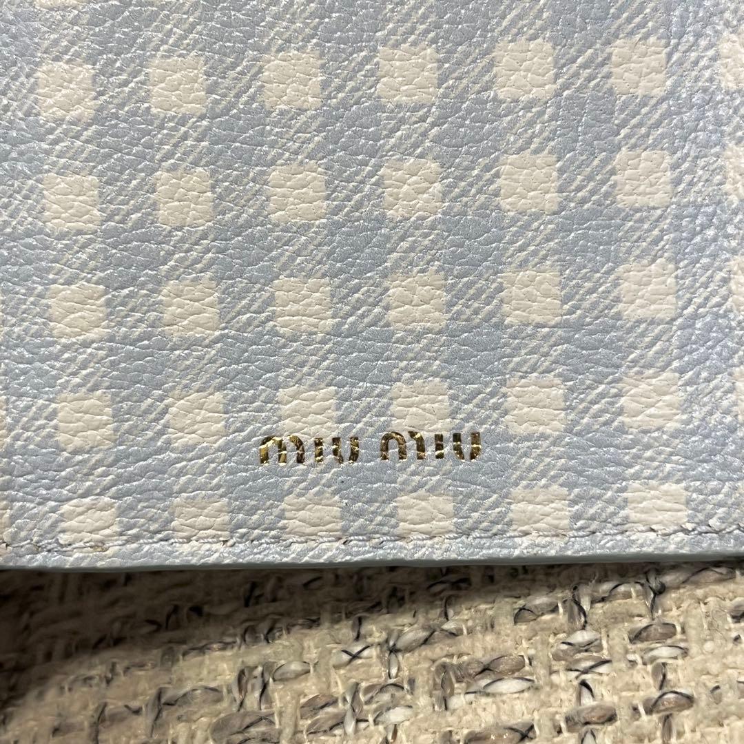 美品　ミュウミュウ　三つ折り　財布　ギンガムチェック　レザー　金具　ロゴ
