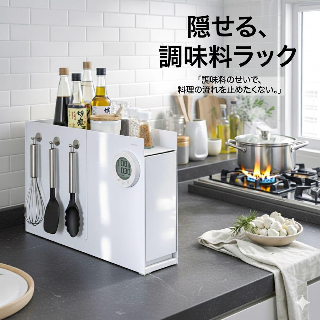 調味料ラック 隠せる 引き出し スライド小窓付き コンロ横 ホワイト