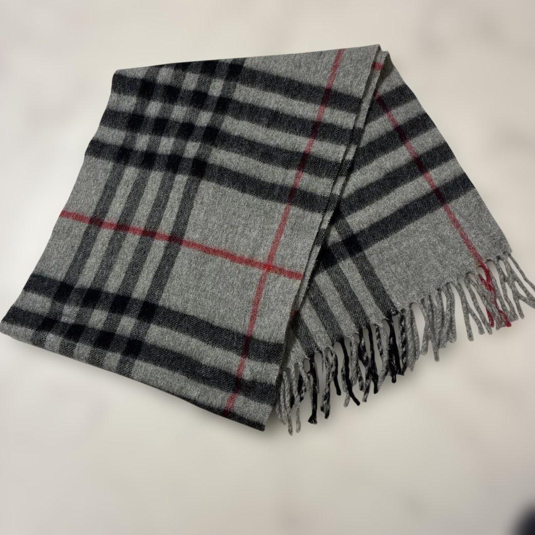 BURBERRY LONDON マフラー　グレー　チェック　黒　フリンジ