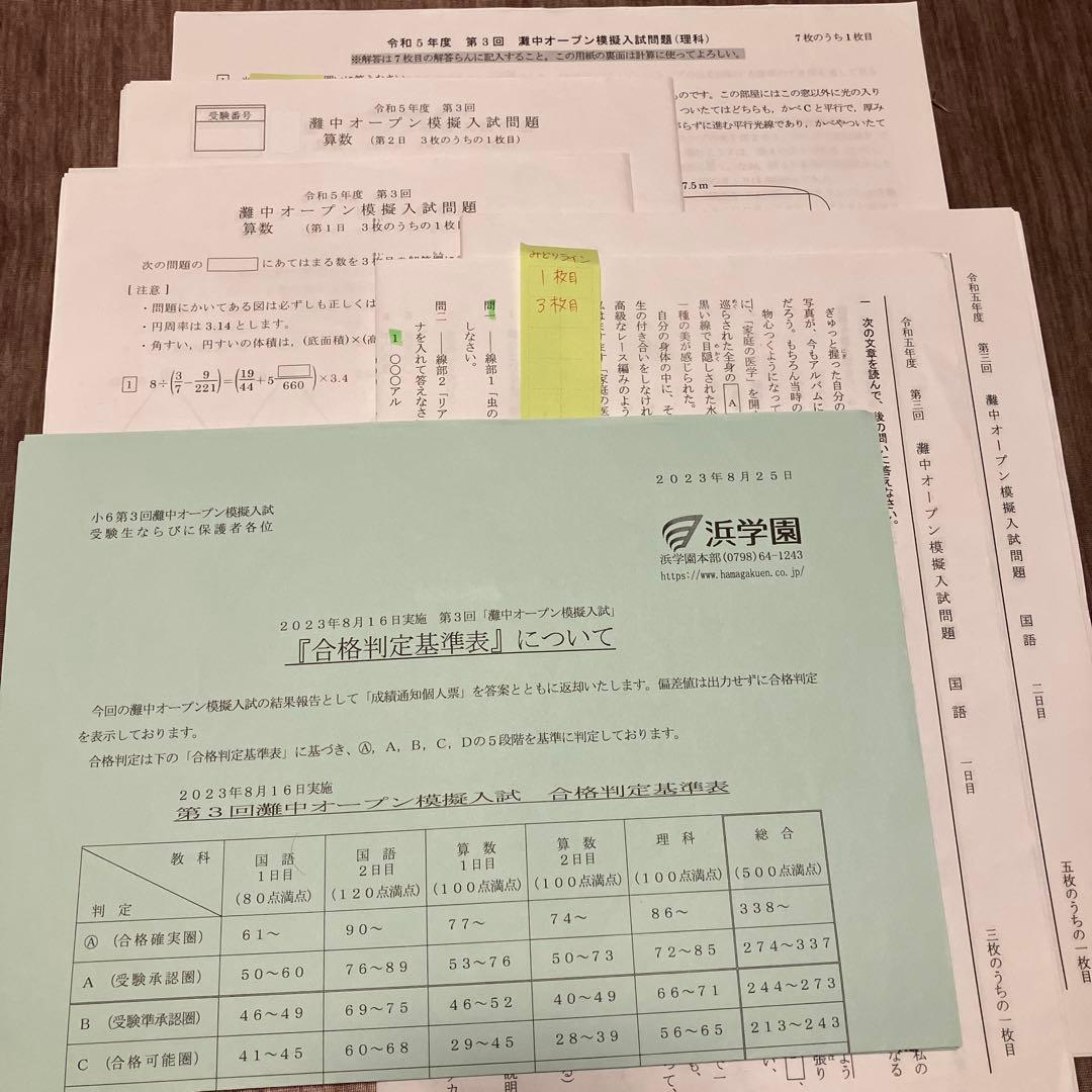 浜学園 灘中 オープン模擬と日本一模擬(2022.12〜2023.12計５回分)