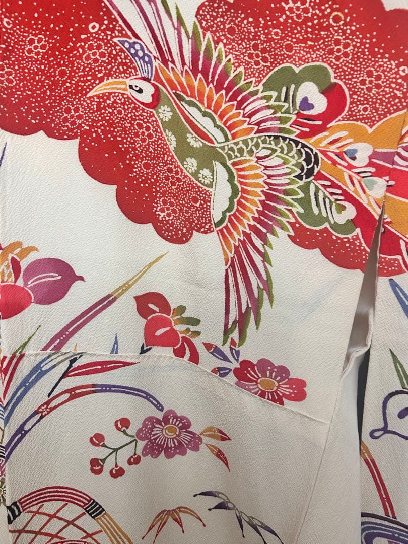 オンワード 正絹 縮緬 振袖 袴向き紅型調 鳳凰 花柄 生成り