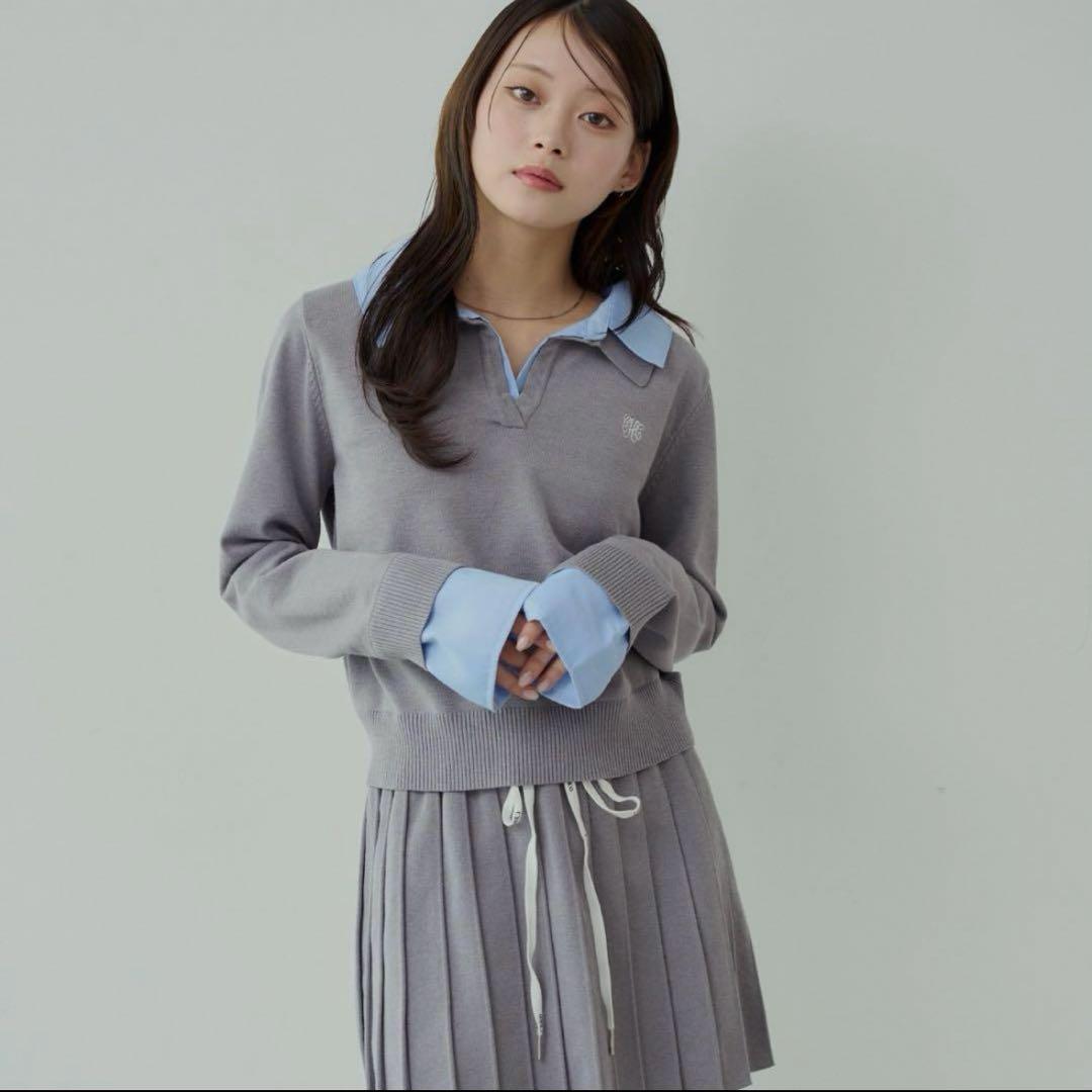 新品未使用タグ付きChico チコ 刺繍入り襟付きポロニット グレー ポロシャツ