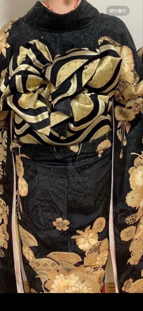 振袖着物 黒と金 花模様　フルセット