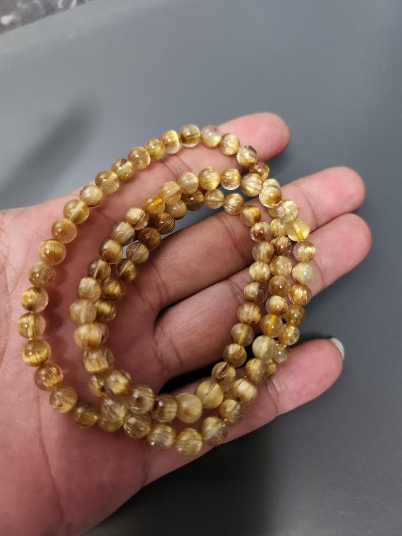 高品質☆天然タイチンゴールドルチルクォーツ3連ブレスレット ネックレス 6mm