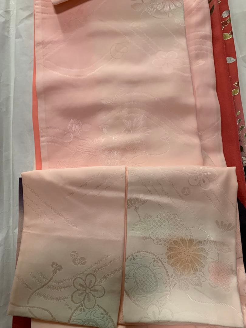 美品・正絹振袖　袋帯　長襦袢　セット 　　　　赤と紫 グラデーション 花柄