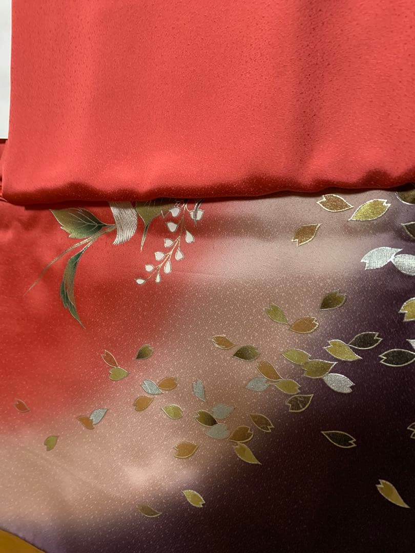 美品・正絹振袖　袋帯　長襦袢　セット 　　　　赤と紫 グラデーション 花柄
