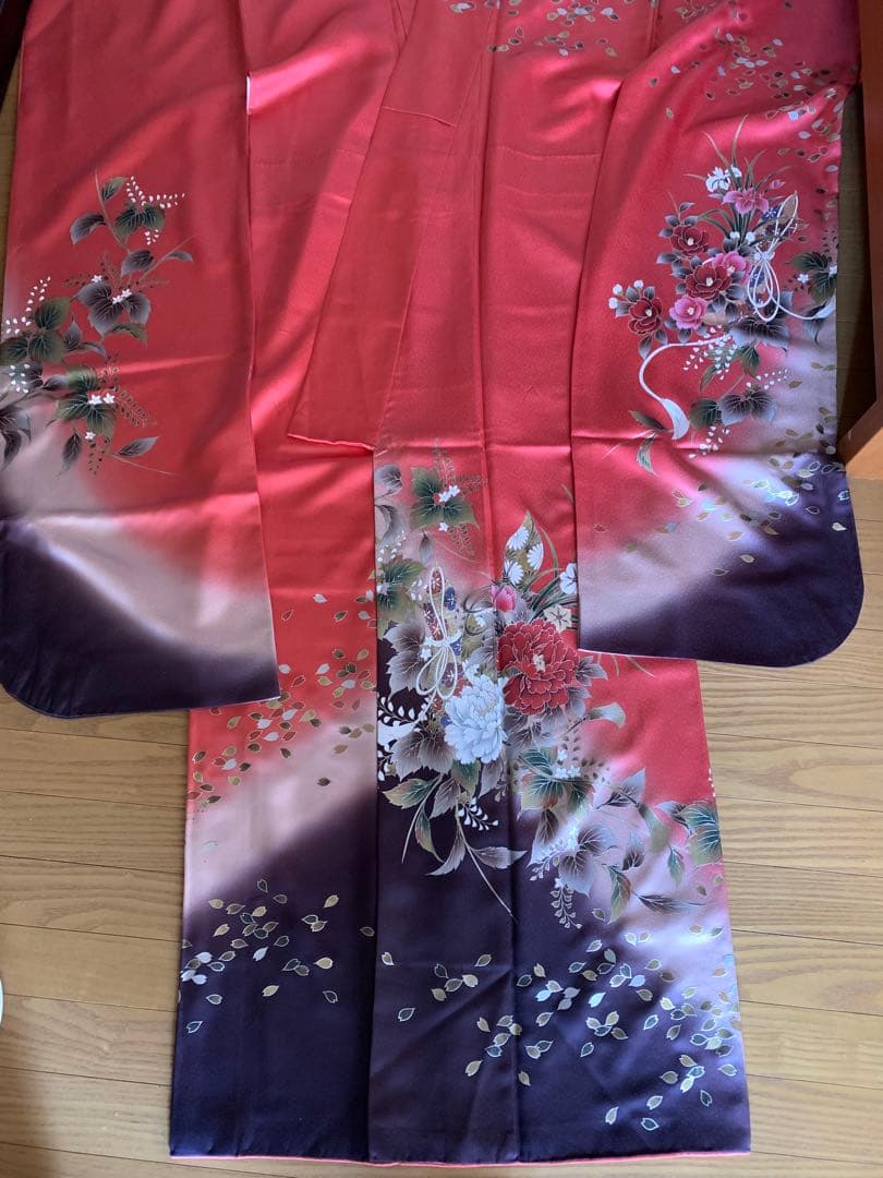 美品・正絹振袖　袋帯　長襦袢　セット 　　　　赤と紫 グラデーション 花柄