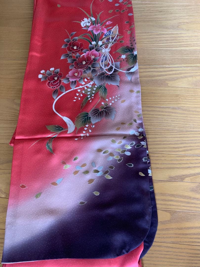 美品・正絹振袖　袋帯　長襦袢　セット 　　　　赤と紫 グラデーション 花柄