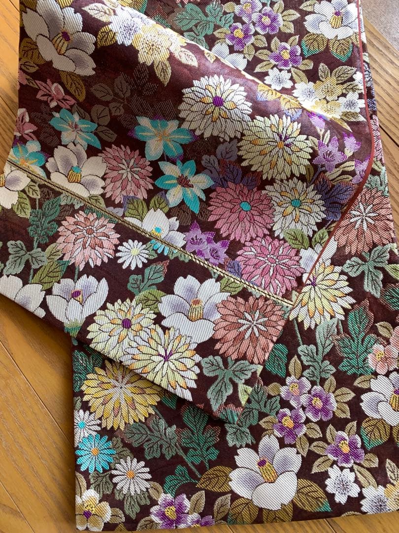 美品・正絹振袖　袋帯　長襦袢　セット 　　　　赤と紫 グラデーション 花柄