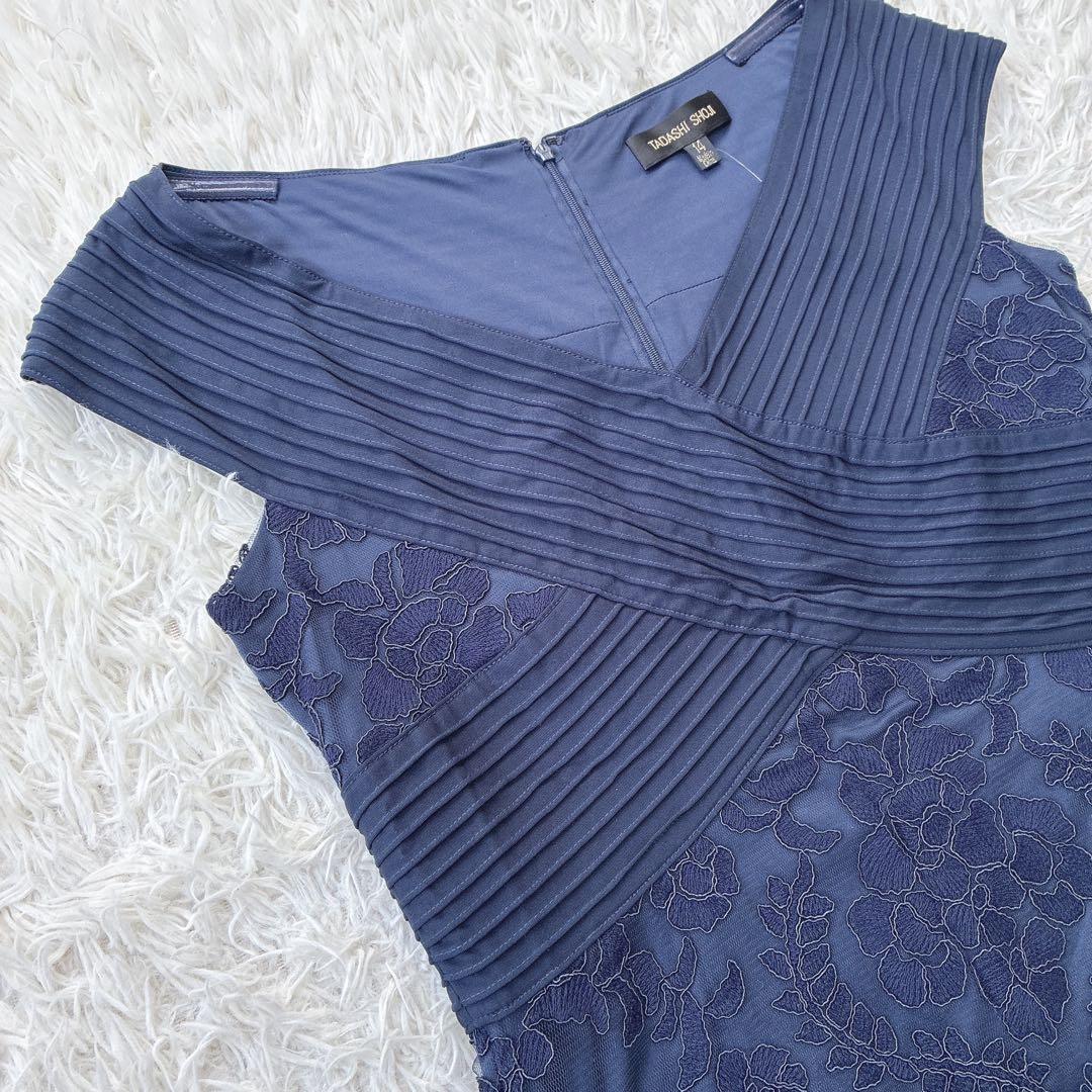 新品✨️タダシショージ 花柄レース ワンピース Vネック フレンチスリーブ 紺色