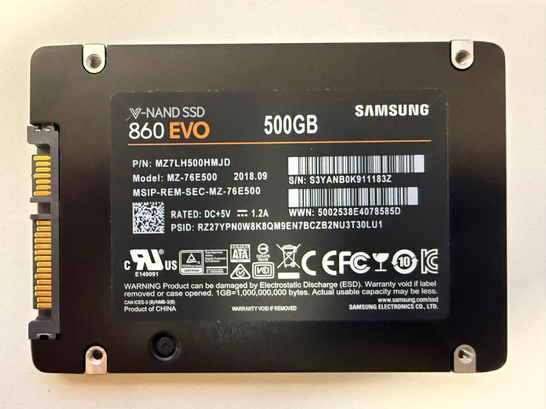 Samsung 860 EVO 500GB SATA SSD 動作確認済