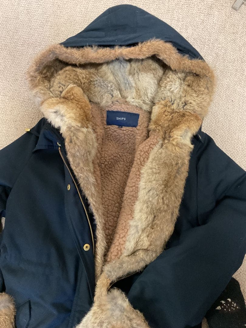 美品　SHIPS for women ラビットファーモッズコート ネイビー
