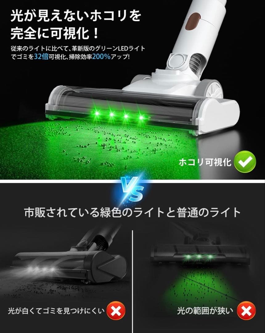 掃除機 コードレス65Kpa超強力吸引LEDライト＆2in1置くだけ充電スタンド