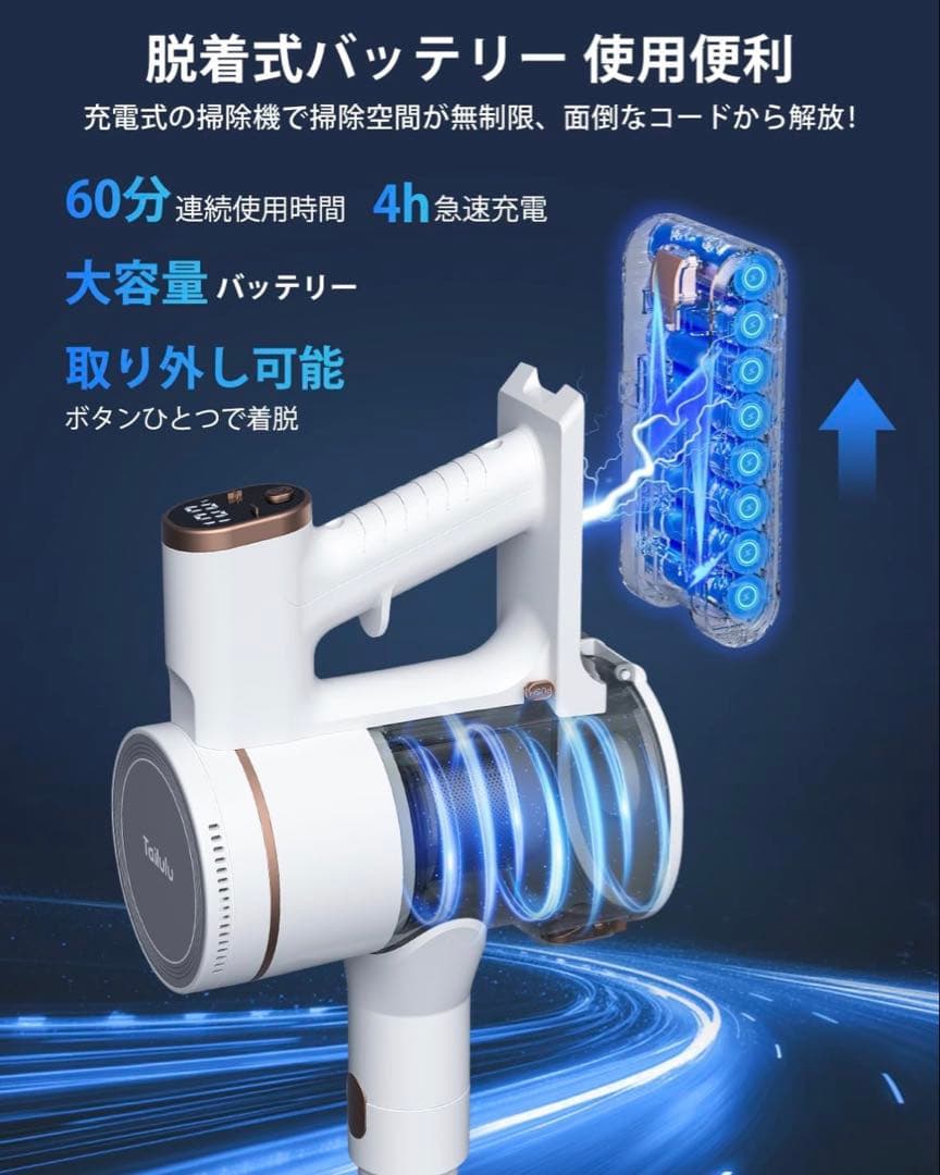掃除機 コードレス65Kpa超強力吸引LEDライト＆2in1置くだけ充電スタンド