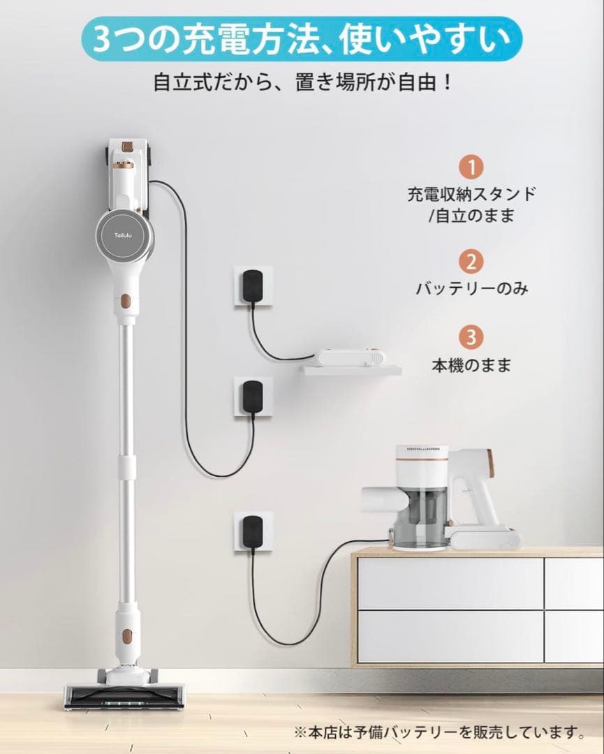掃除機 コードレス65Kpa超強力吸引LEDライト＆2in1置くだけ充電スタンド