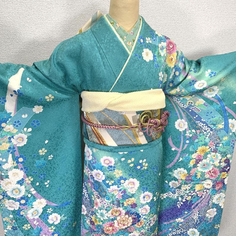 603z26〇京都きもの友禅 振袖 金通し 地紋 金駒刺繍 水色〇成人式 結婚式