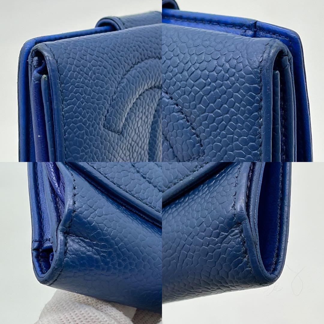 CHANEL 二つ折り財布 ココマーク キャビアスキン ブルー レザー