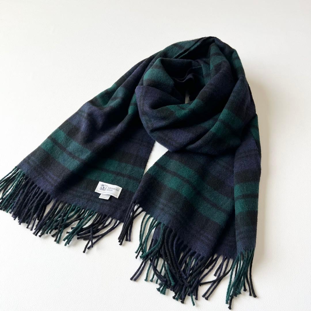 4873【美品】ジョンストンズ　大判ストール カシミヤ100％　緑　紺　黒