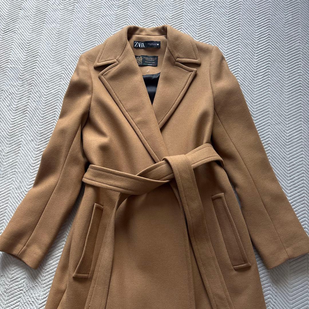 こっとザラ　ベルデットコートL ベージュ　ウール　Aライン　女優襟