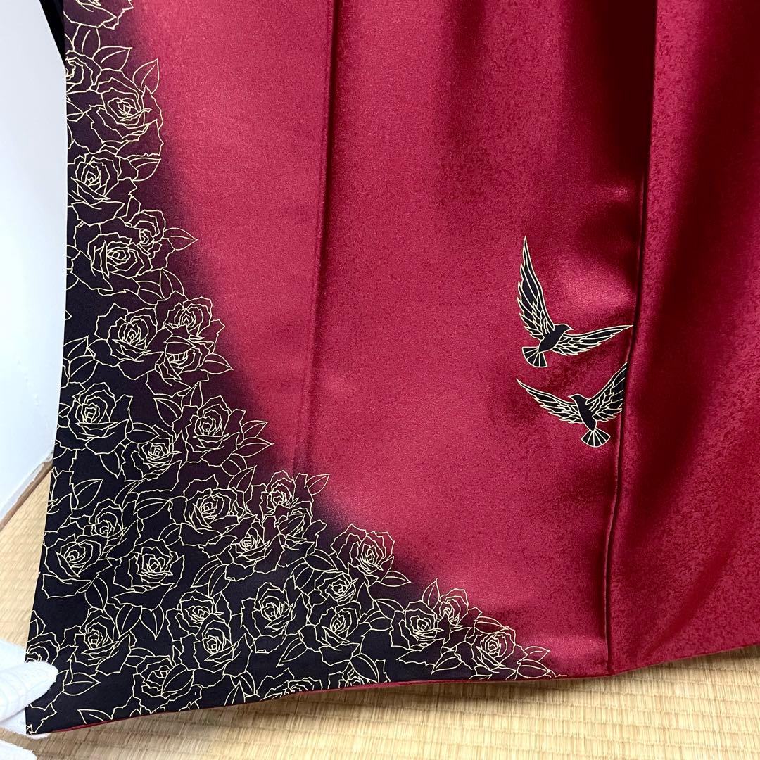 ［振袖］正絹　深い赤　紅　作家物　バラ　鳥　成人式　ママ振り　振り袖　斉藤三才