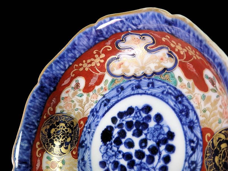 大聖寺伊万里　金襴手 丸紋に草花の図　膾皿　E901AS-fbpq