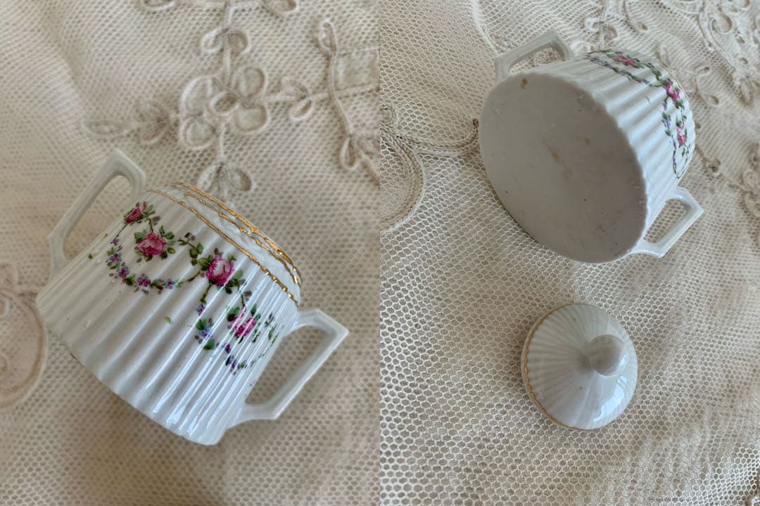 フランスアンティークディネット陶器ティーセット6点set※ローズと小花ガーランド