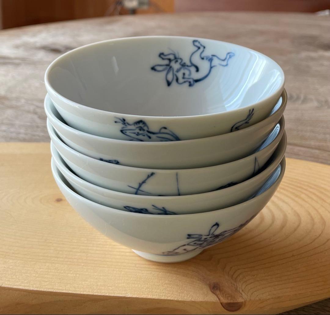染付 鳥獣戯画 ごはん茶碗　5つ