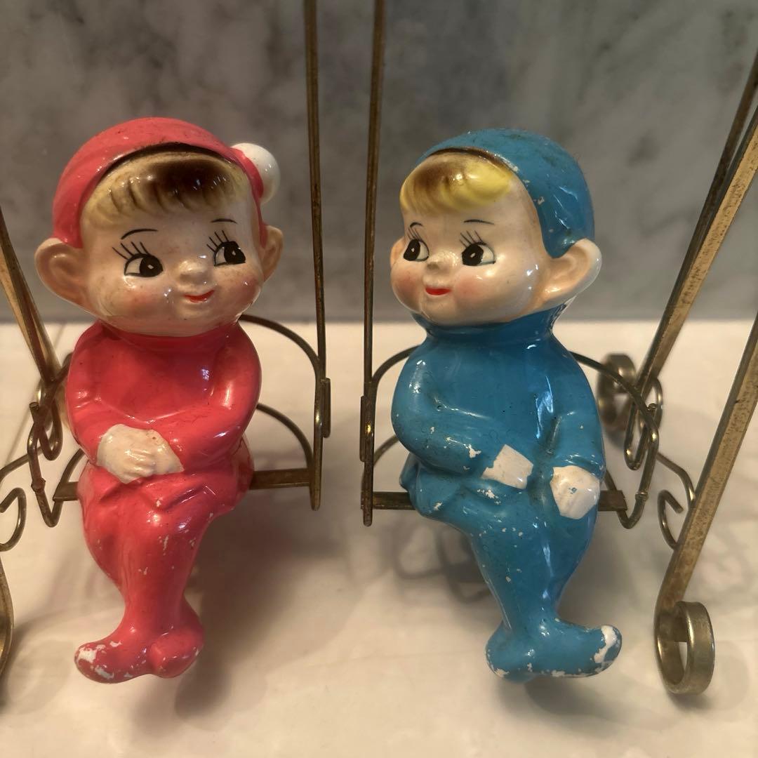 アメリカ60-70年代ビンテージブランコに乗る手描きの瞳が可愛らしい少年少女