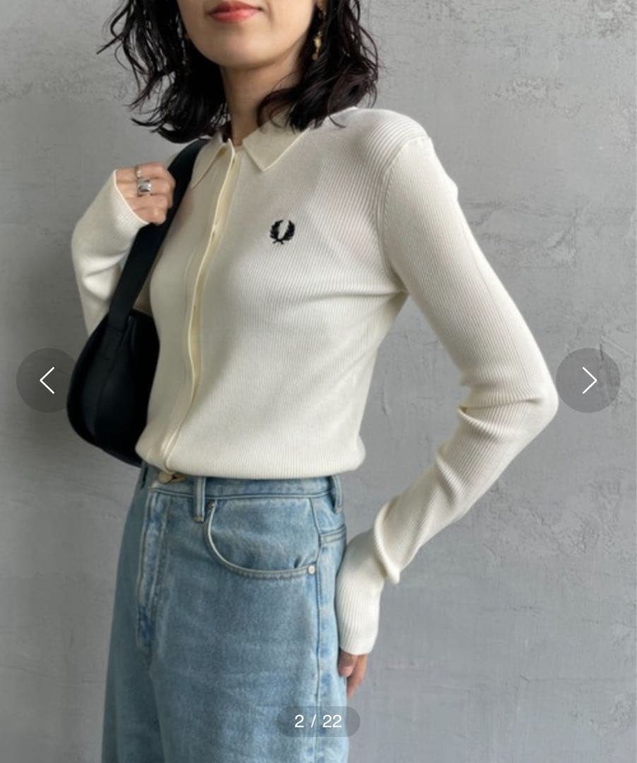 【着用2回】FRED PERRY アイボリー リブ編み 長袖ニットポロシャツ