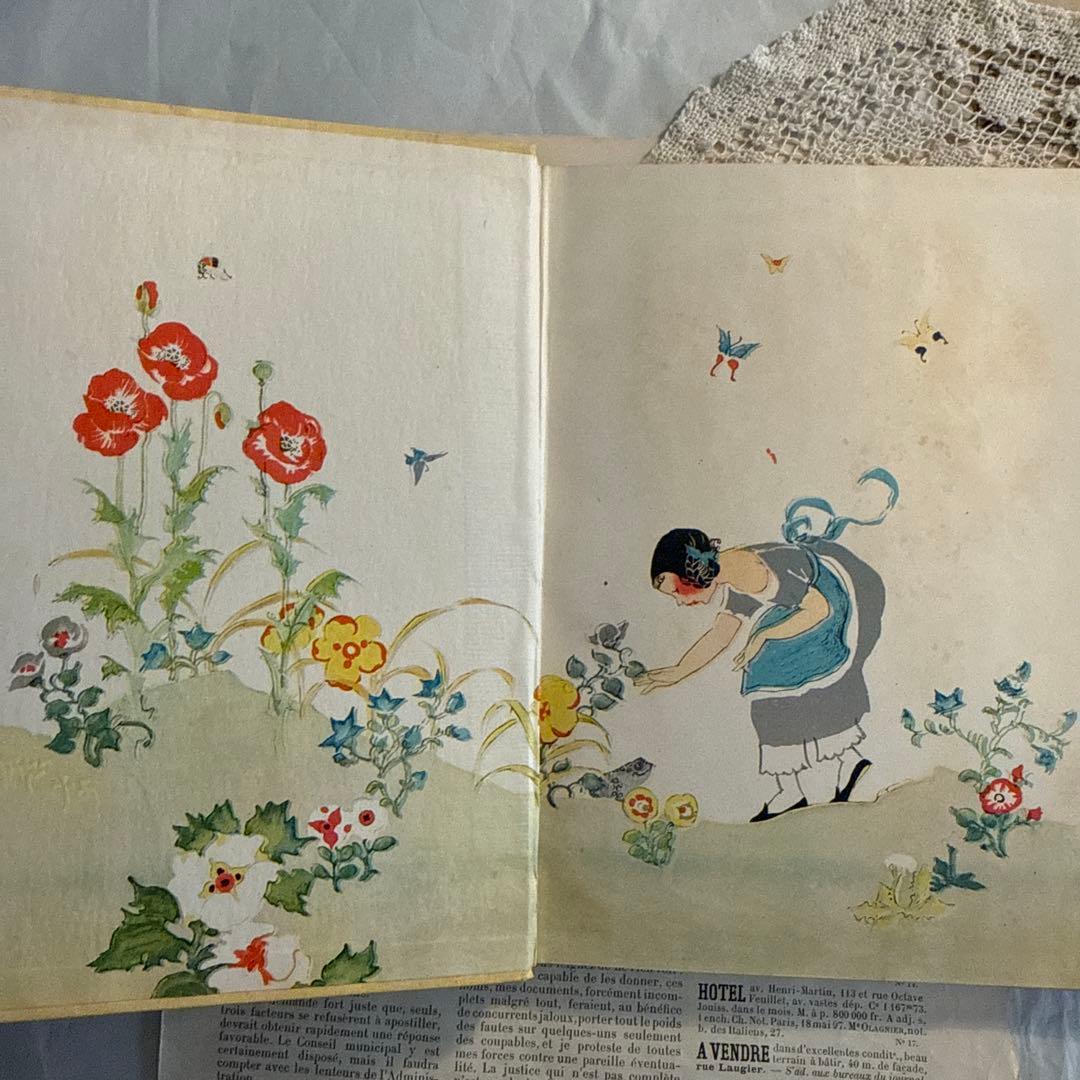 1935年アンティーク美しい挿絵の児童書　洋書　絵本ジャンクジャーナル素材　古書