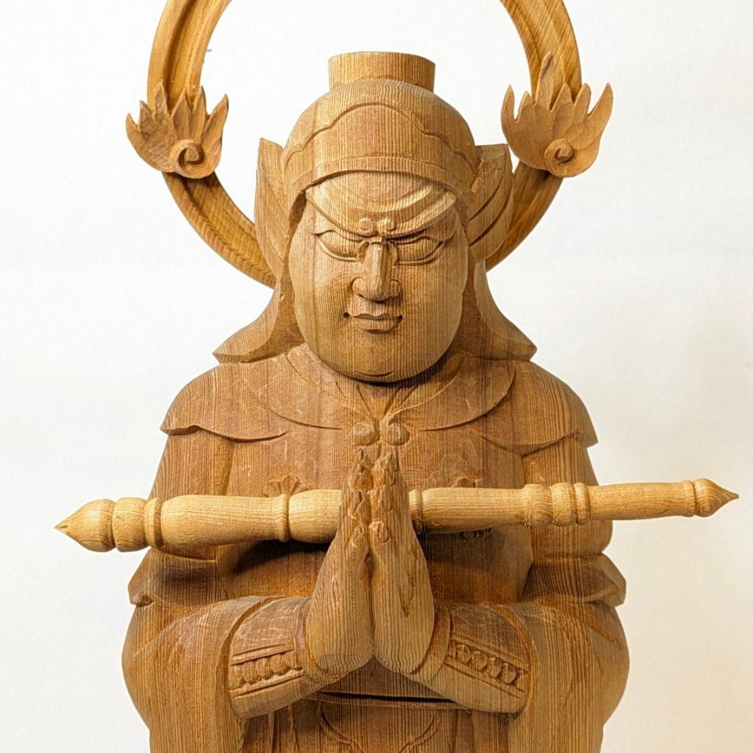 【セール中・新品】 韋駄天　荒彫り　総檜　台付　総高さ約46.5㎝　仏像　檜