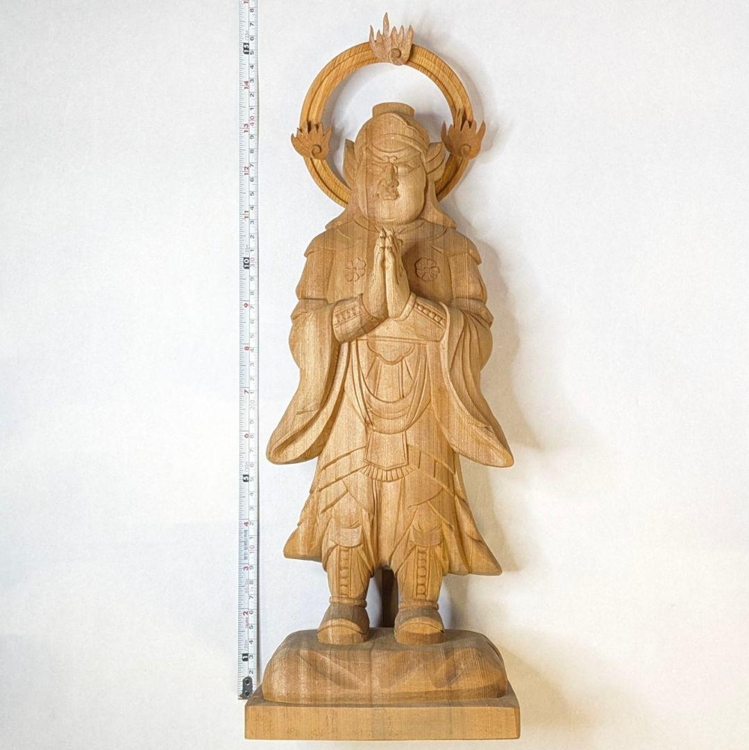 【セール中・新品】 韋駄天　荒彫り　総檜　台付　総高さ約46.5㎝　仏像　檜