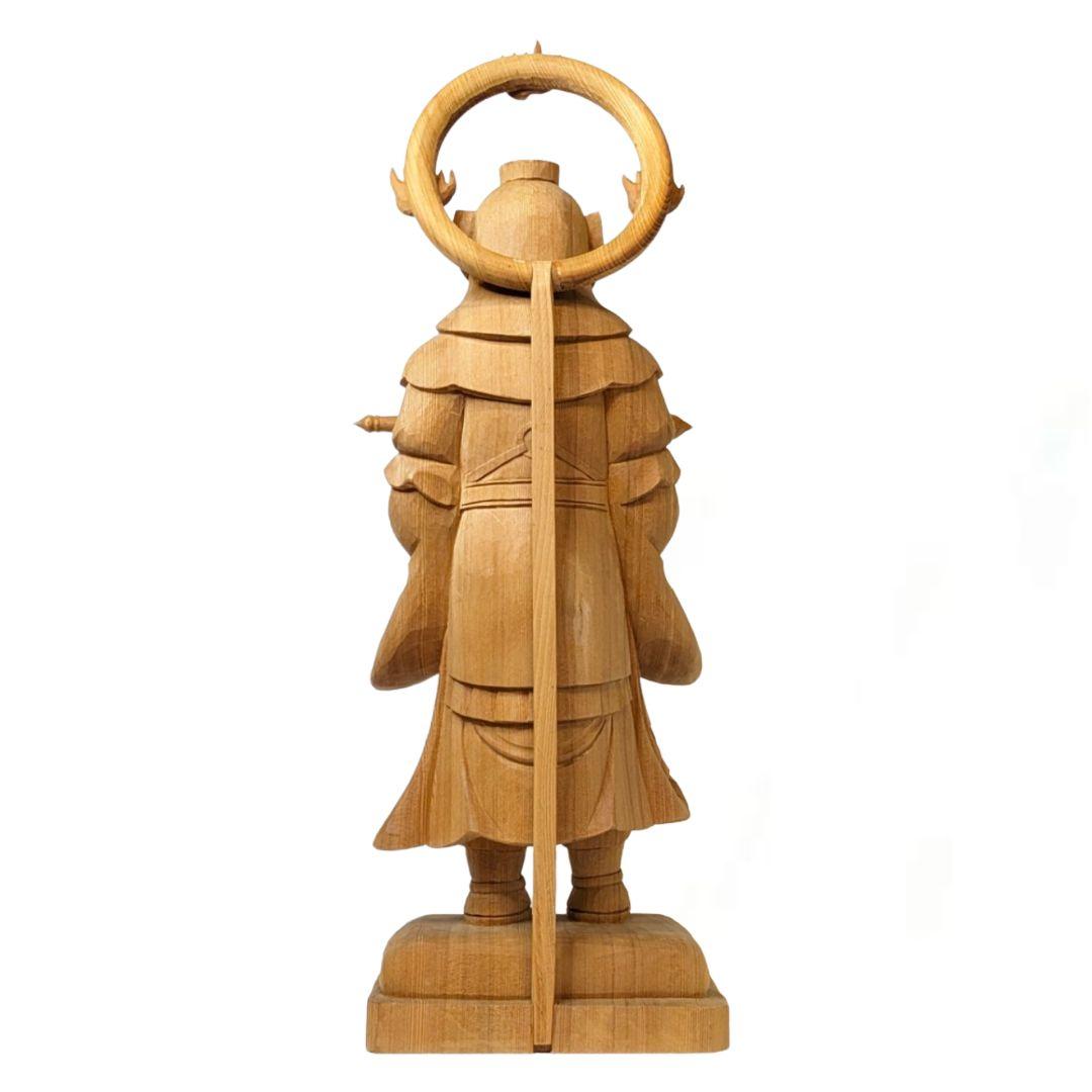 【セール中・新品】 韋駄天　荒彫り　総檜　台付　総高さ約46.5㎝　仏像　檜