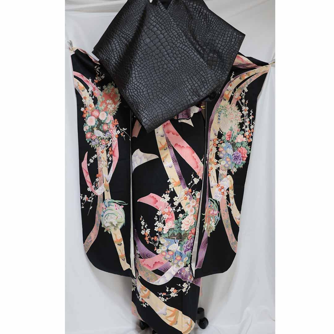E*M様 振袖単体◆処分 特価【良好】■157.5cm■成人式前撮り正絹黒ブラッ