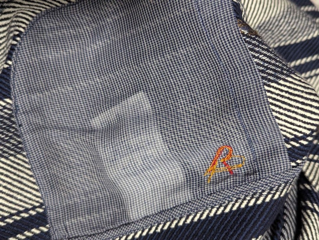 【美品】45R カルゼヒッコリープルメリア 刺繍 コート ストライプ 綿