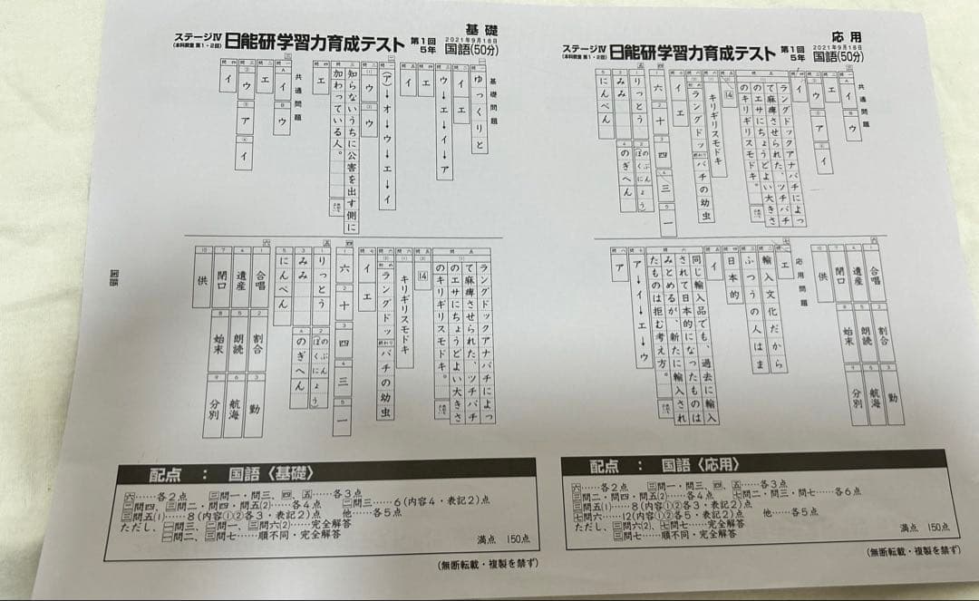 日能研育成テスト5年生　2021年前期後期1年分 2020年2022年も含む