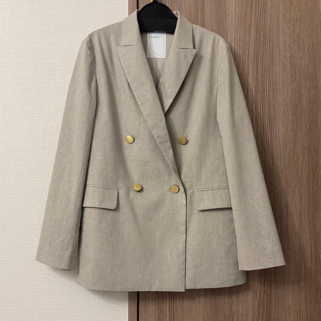 NOBLE ノーブル 麻ストレッチピークドラペルダブルジャケット グレー 38