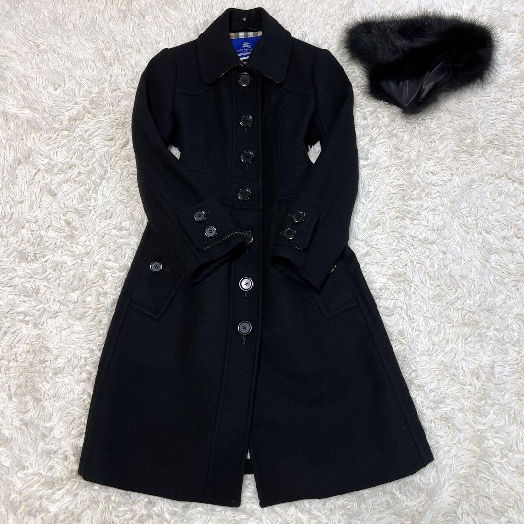 《極美品》バーバリー アンゴラ ロングコート メガチェック フォックスファー 黒