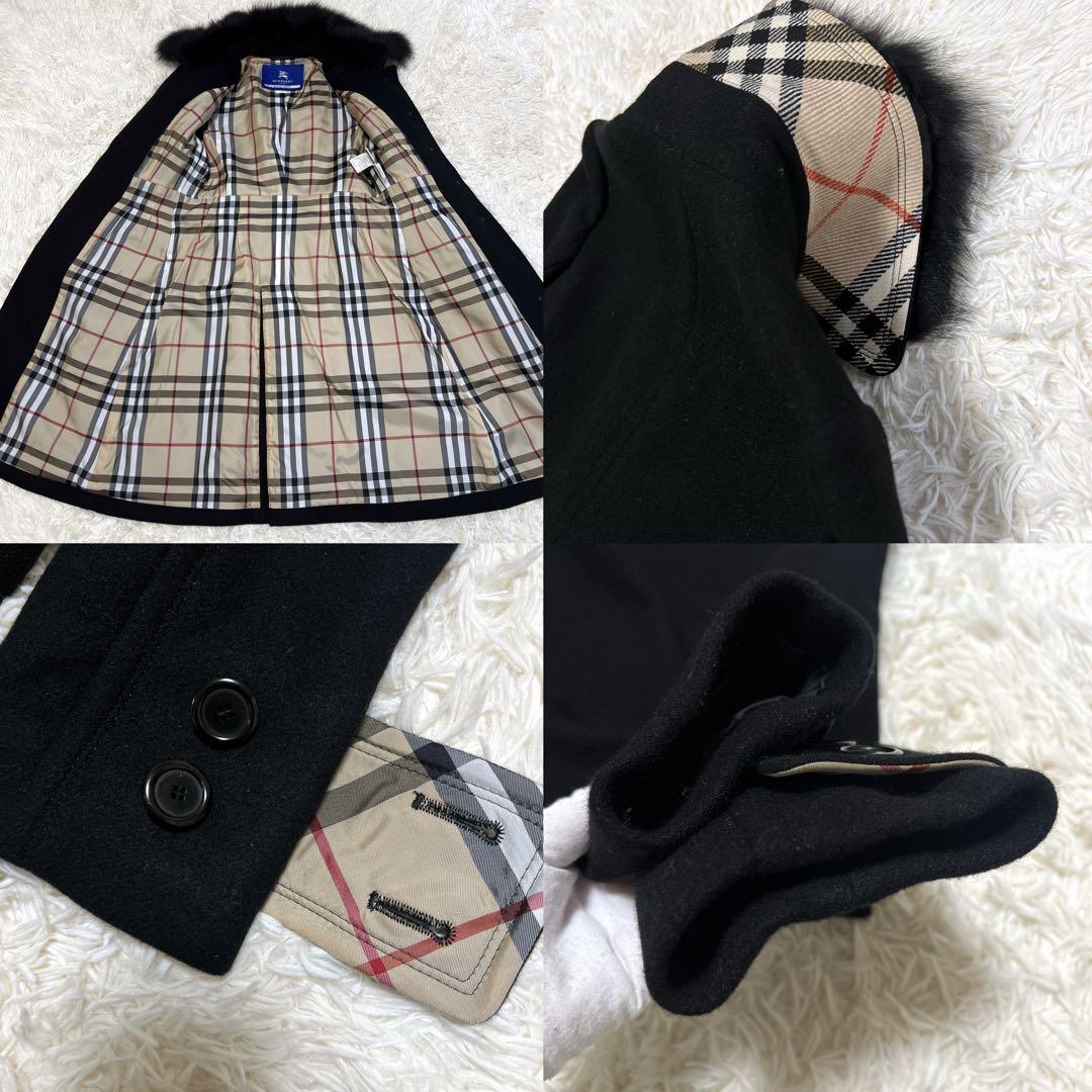 《極美品》バーバリー アンゴラ ロングコート メガチェック フォックスファー 黒