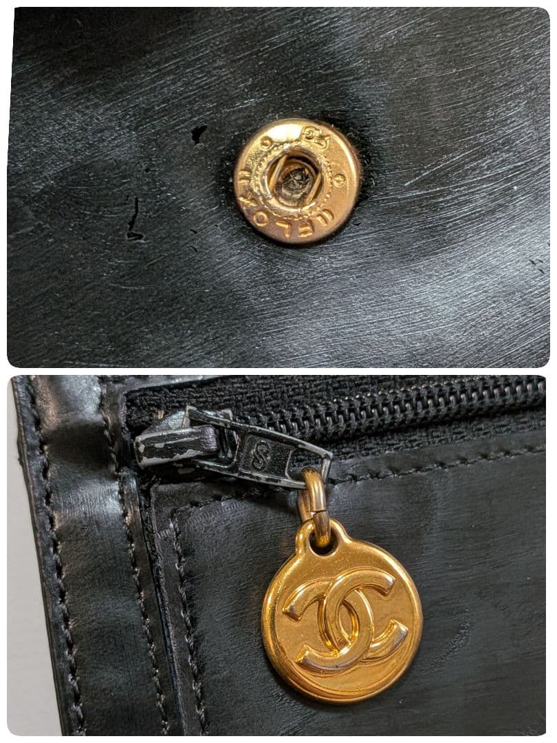 シャネル　デカココ　ミニ財布　黒　ミドル　チェーン　正規品　パテントレザー