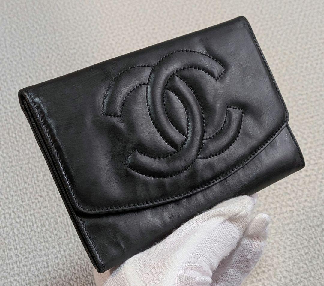 シャネル　デカココ　ミニ財布　黒　ミドル　チェーン　正規品　パテントレザー