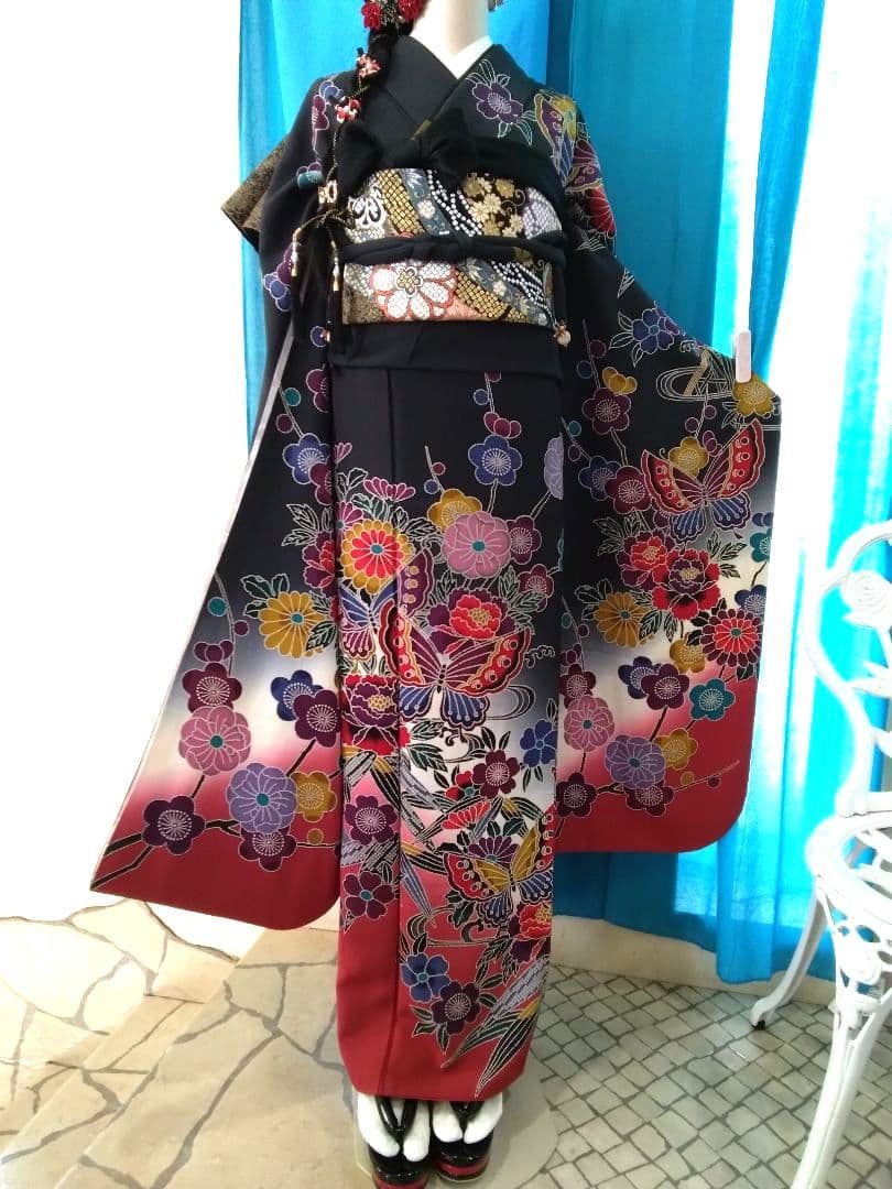 振袖フルセット、正絹紅型振袖、成人式、重ね衿、帯揚げ帯締め、西陣袋帯、長襦袢