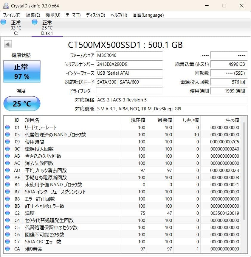 crucial MX500 500GB 2.5インチ SSD